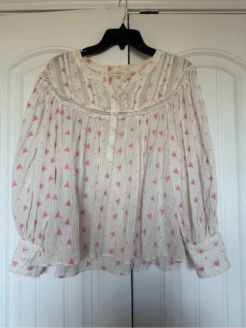 Loveshackfancy Blouse Size Small Cotton Boho White Pink Long Sleeve - Picture 2 of 6